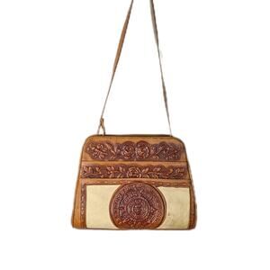 1970's hand tooled leather Mexican Aztec print bag embossed